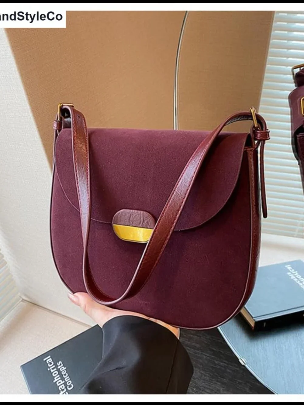 Faux Suede Saddle Satchel Bag with Two Straps Crossbody Shoulder Bag